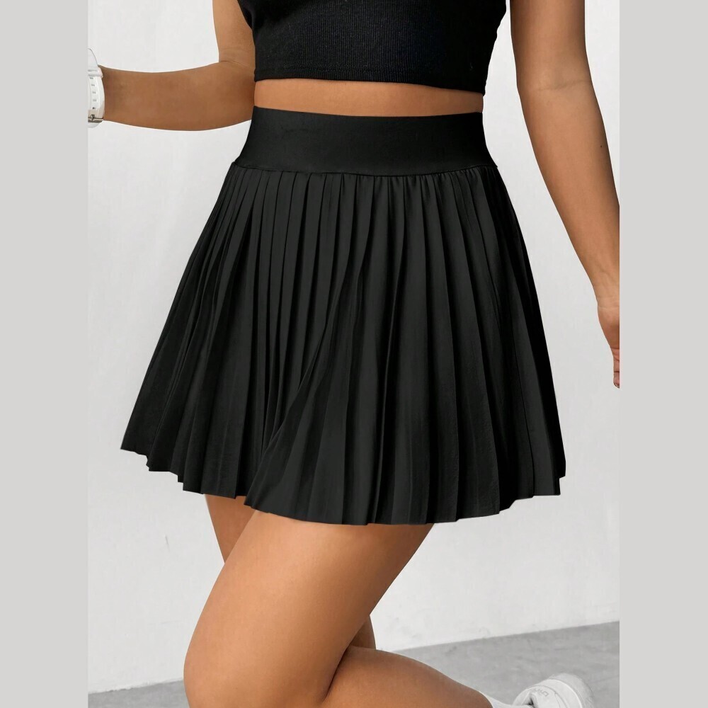 Black Pleated High Waist Flared Mini Tennis Skirt